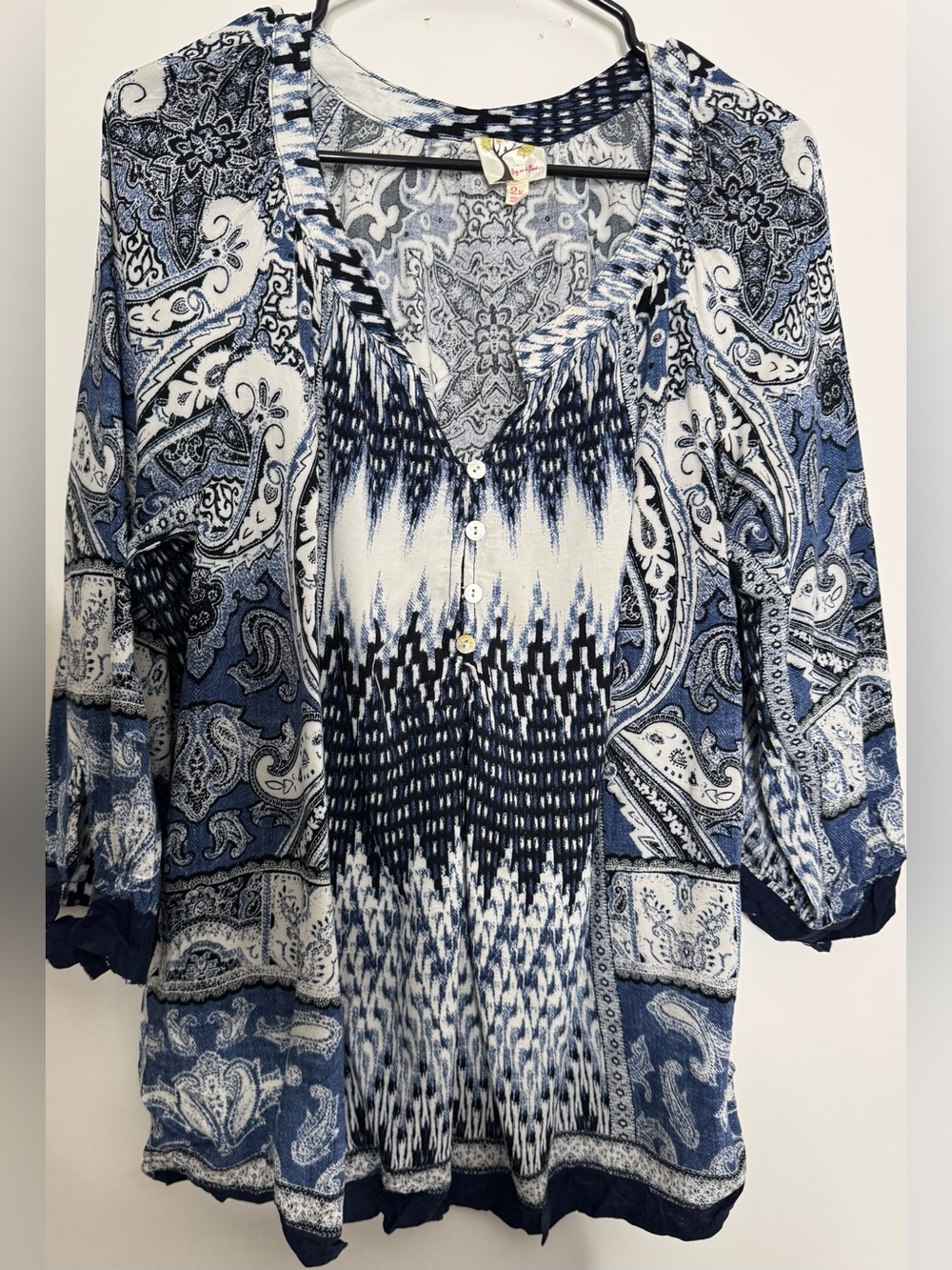 Fig & flower Women's Blue Paisley Henley Tunic Top - Lightweight Button Front 2x